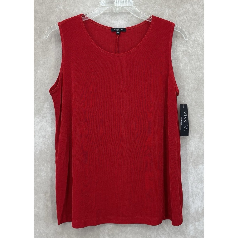Vikki Vi Textured Ribbed Stretch Sleeveless Tank Top 0X Red Made in USA NWT